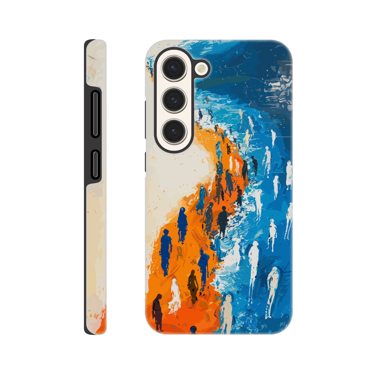 A Samsung Galaxy S23 Phone Case with the following design on it - the Sahara desert pouring into a beautiful ocean while a large group of non distinct human forms wade through the shallows as well as walk along the new shore, blue, orange, white, style of fauvism