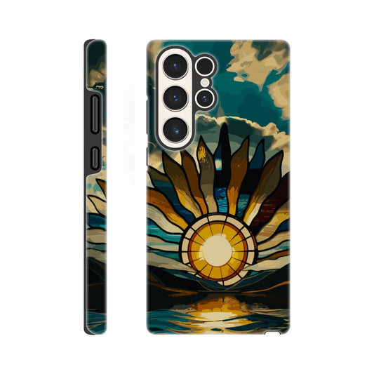 A Samsung Galaxy S23 Ultra Phone Case with the following design on it: A giant stained glass sun, with rays of light reflecting on the water below, in a cinematic, epic, fantasy art style