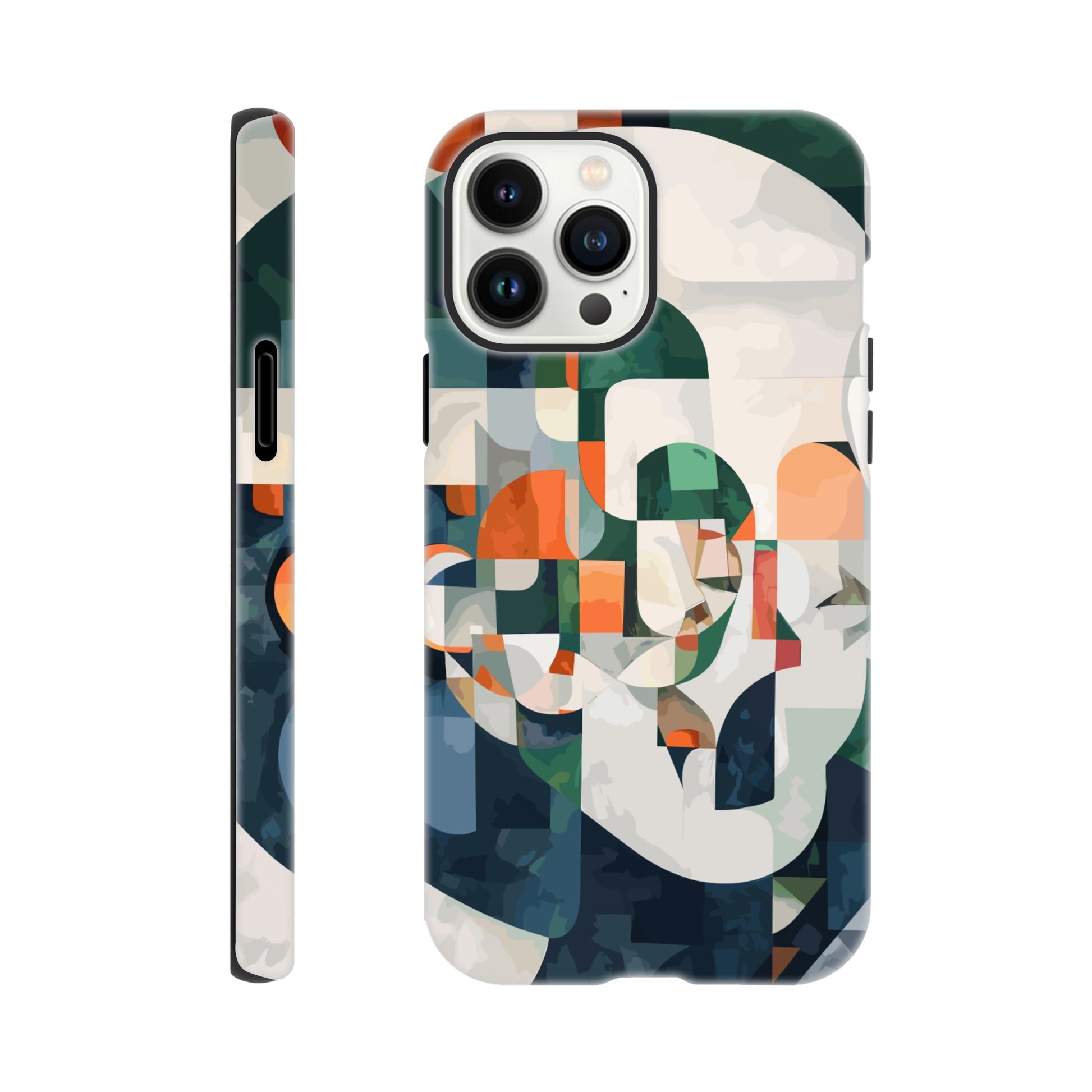 An iPhone 13 Pro Max Phone Case with the following design on it -A cubist-inspired portrait. The face is composed of geometric shapes and forms, with an abstract background that features soft gradients in shades of green, orange, blue, white, and grey. Abstract patterns surround the figure to create depth and movement against an emerald color palette.