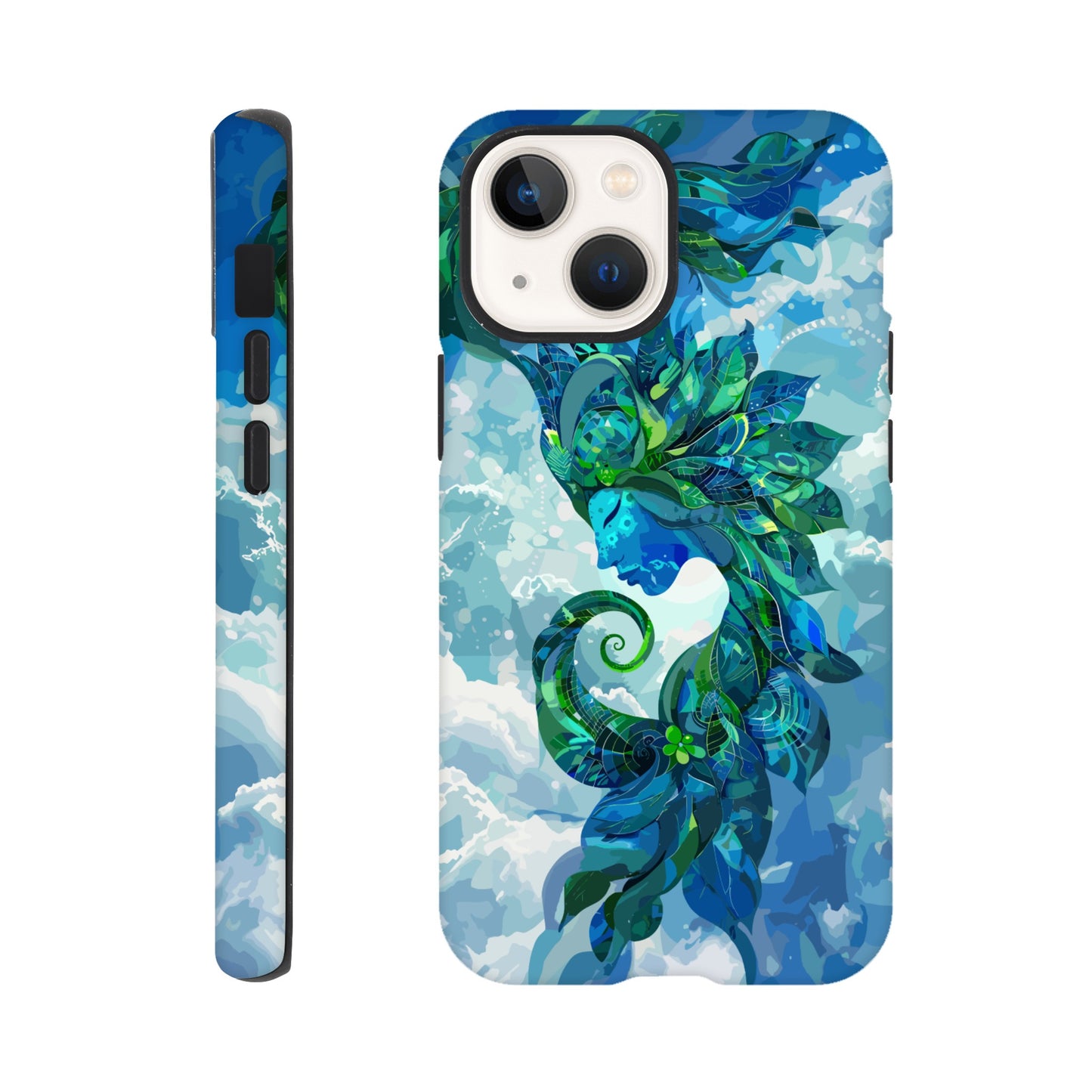 An Apple iPhone 13 Mini Phone Case with the following design on it: digital illustration of the symbol for the Zodiac symbol for Virgo, abstract Maiden, swirling in the sky with clouds and blue background, vibrant green and dark blues, digital art style, detailed shading, intricate details, fantasy elements, fantasy-inspired designs, fantasy realism