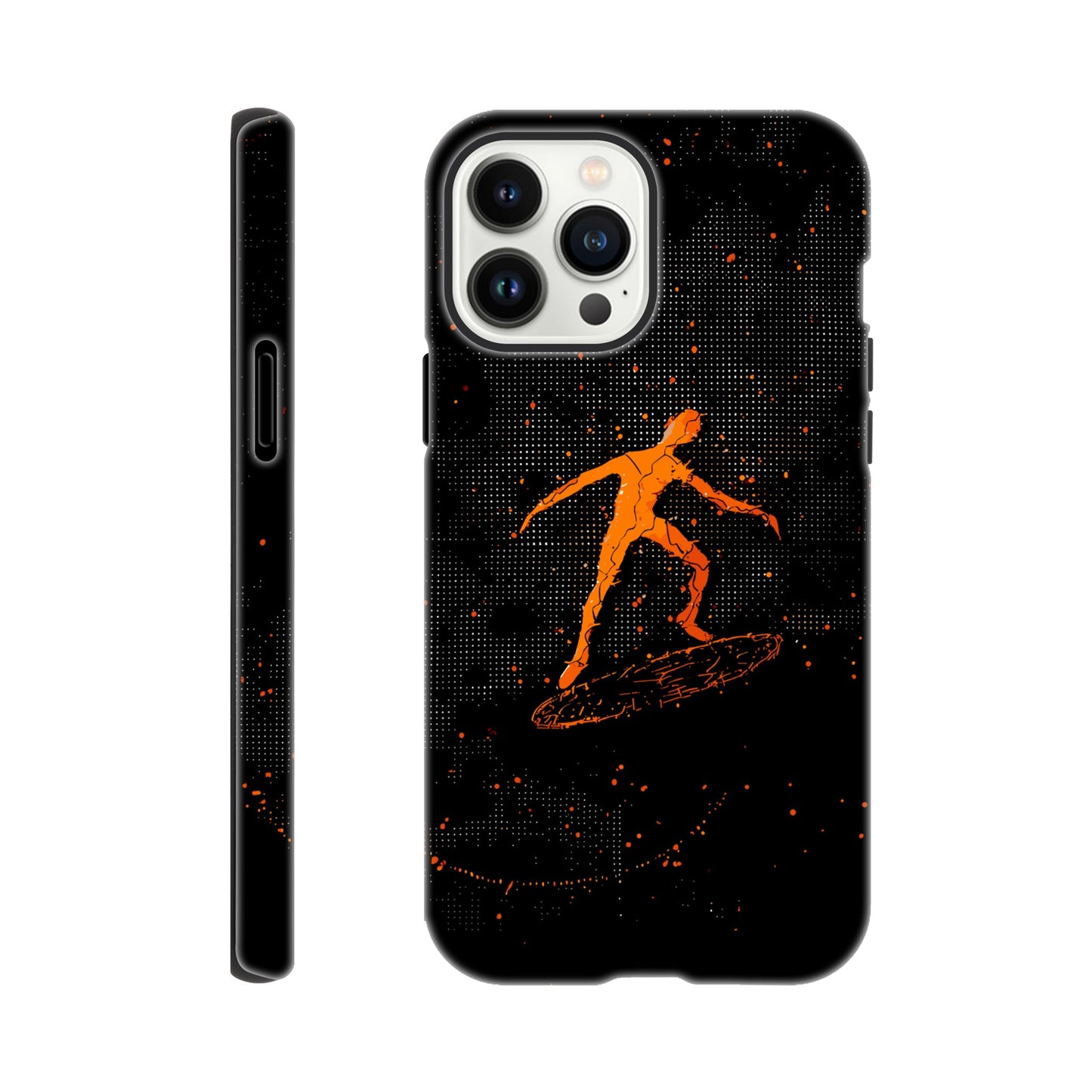 An Apple iPhone 13 Pro Max Phone Case with the following design on it : orange glowing silhouette of a male surfer against a black background, in the style of digital art, dark orange and light amber, pointillist dot paintings, high resolution, symmetrical grid-like patterns, minimalist figures, glitched edges