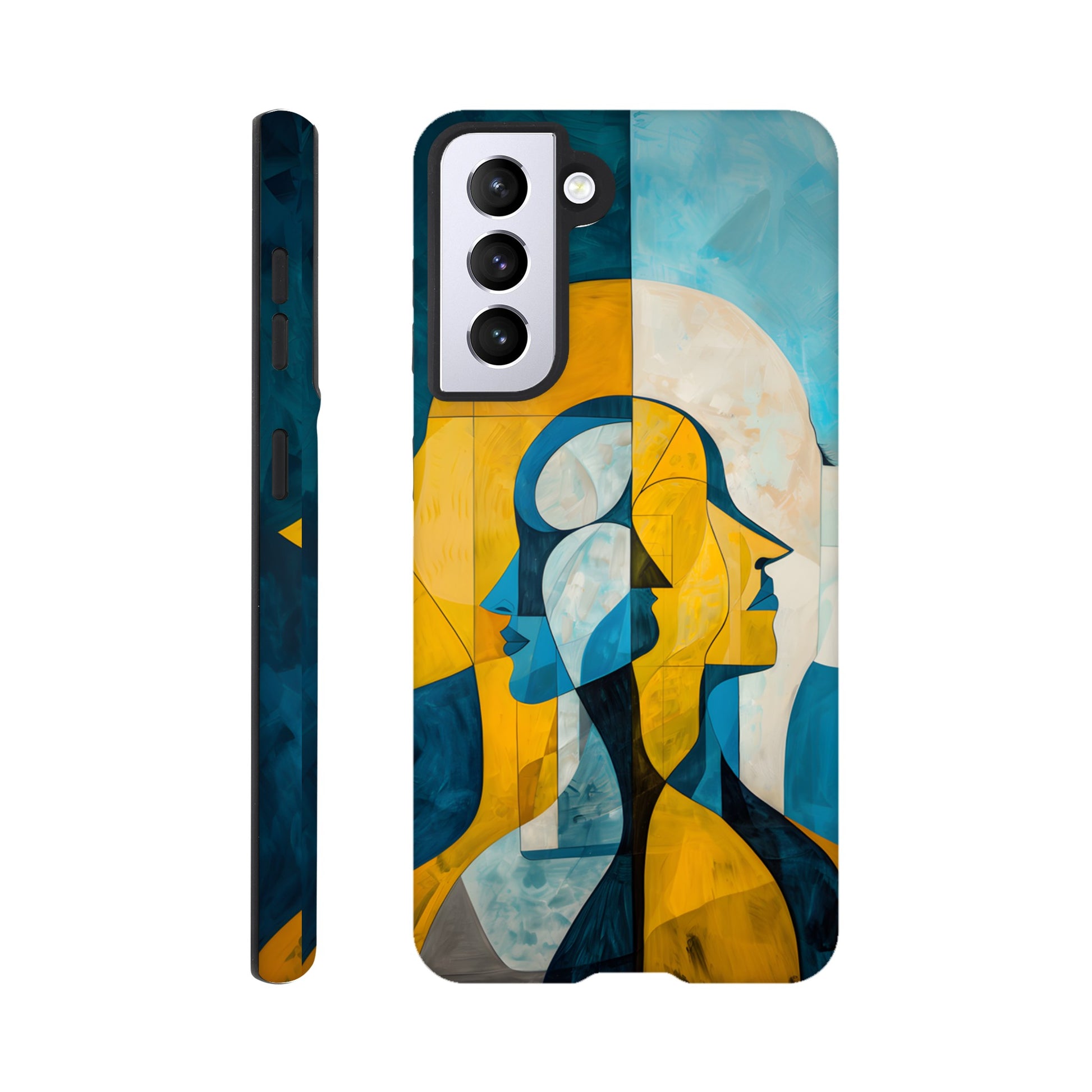 A Samsung Galaxy S21 Phone Case with the following design on it - the Gemini Astrological sign depicting twins facing away from one another, the twins are of no specific sexual or ethnic orientation, yellow, baby blue, white, cubism,