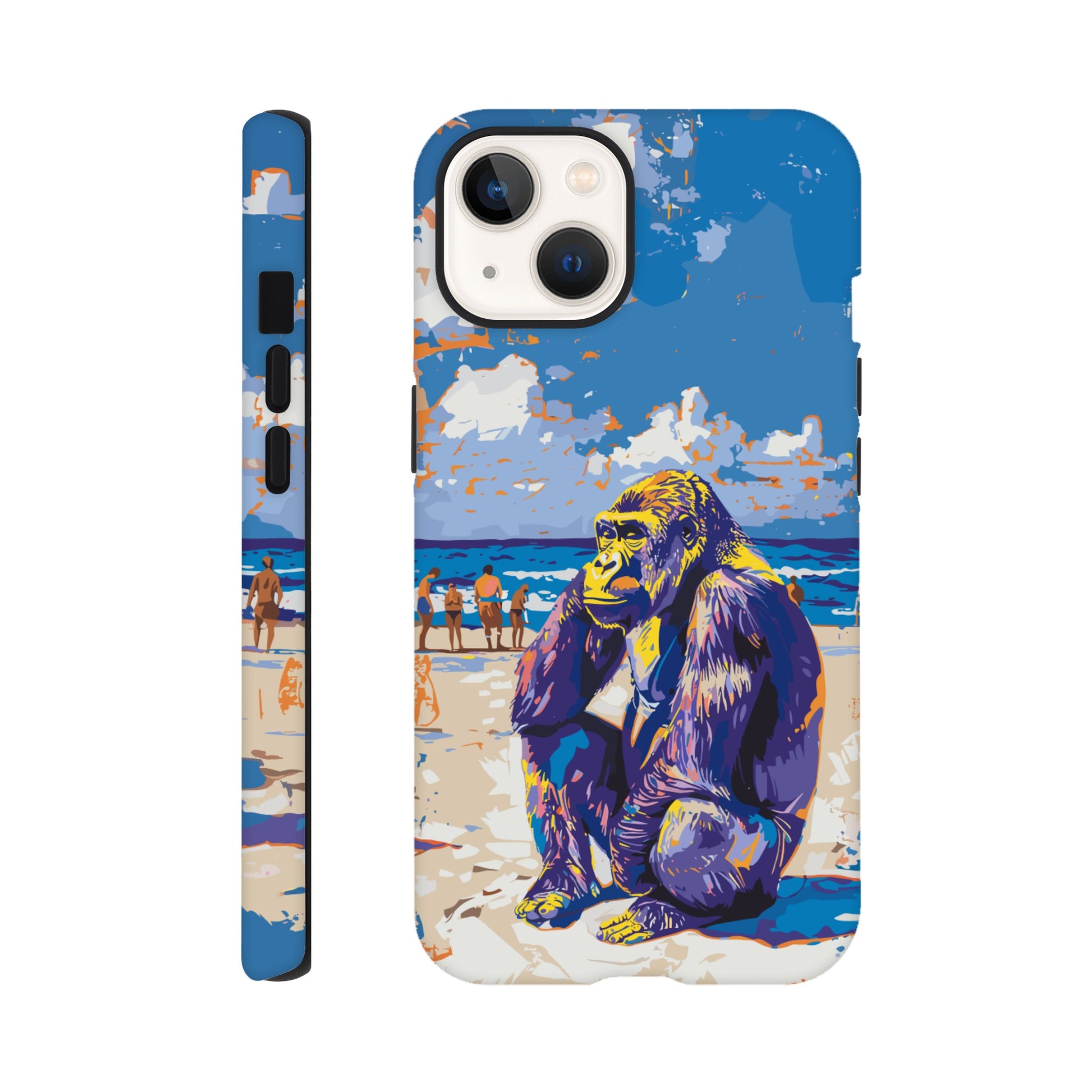 An iPhone 13 with a design of a Gorilla at the beach thinking while a diverse group of people stroll along the beach in the background, royal blue, orange, purple, yellow, white, fauvism meets pop art