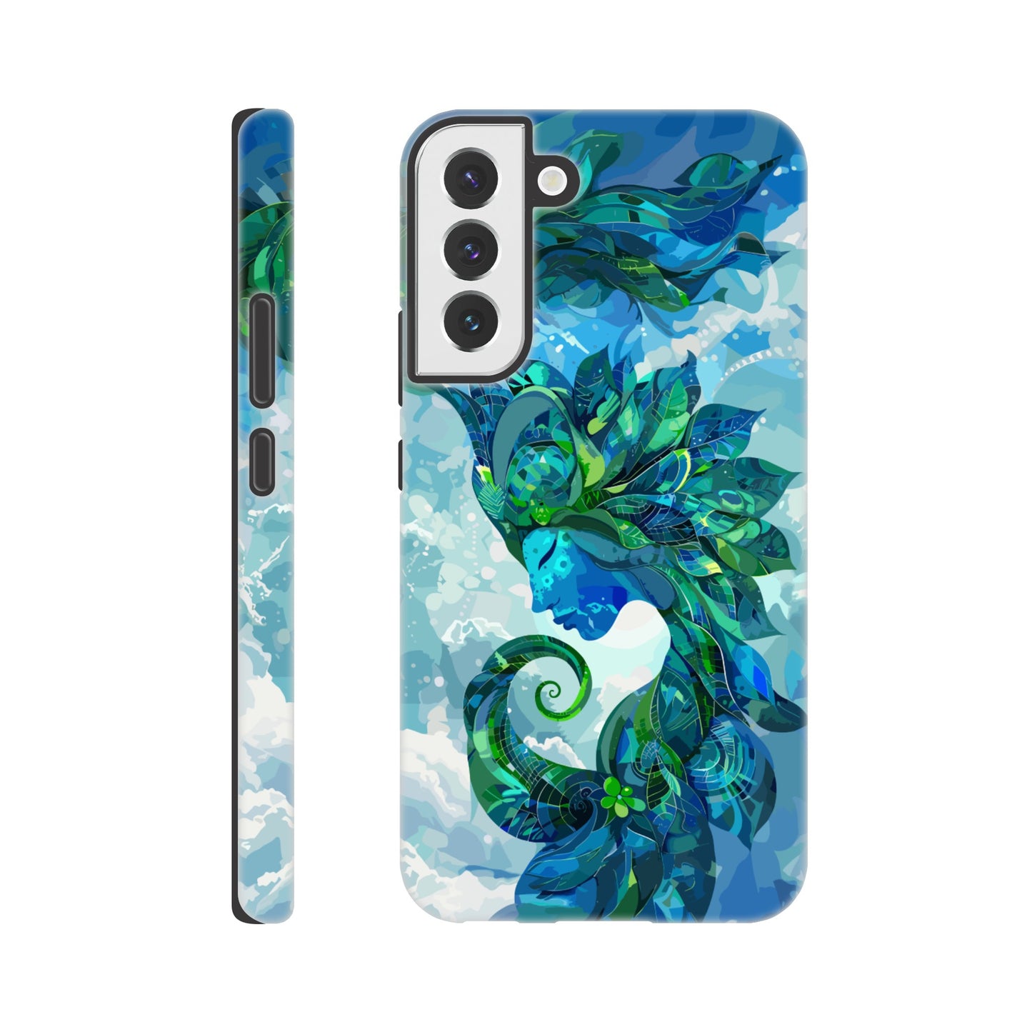 A Samsung Galaxy S22 Plus Phone Case with the following design on it: digital illustration of the symbol for the Zodiac symbol for Virgo, abstract Maiden, swirling in the sky with clouds and blue background, vibrant green and dark blues, digital art style, detailed shading, intricate details, fantasy elements, fantasy-inspired designs, fantasy realism