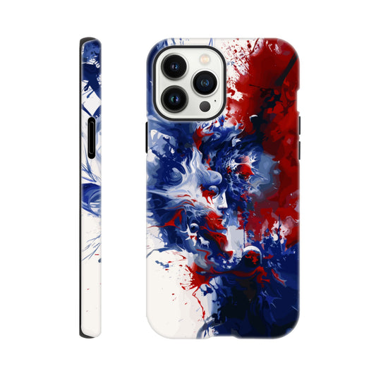 An Apple iPhone 13 Pro Max Phone Case with the following design on it: Abstract Blue and Red Painting, white background, ink painting, splash art in the style of ink painting, human profile in the middle which seems to be depicting someone in deep thought 