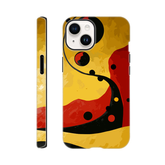 An Apple iPhone 14 Phone Case with the following design on it - Abstract painting of yellow, red and black dots on the wall in an art deco style. The background is a dark gradient from light to deep yellow. In the foreground there's a swirl with three circles that resemble multiple shapes within each other, giving it depth. It has organic curves but also geometric elements.