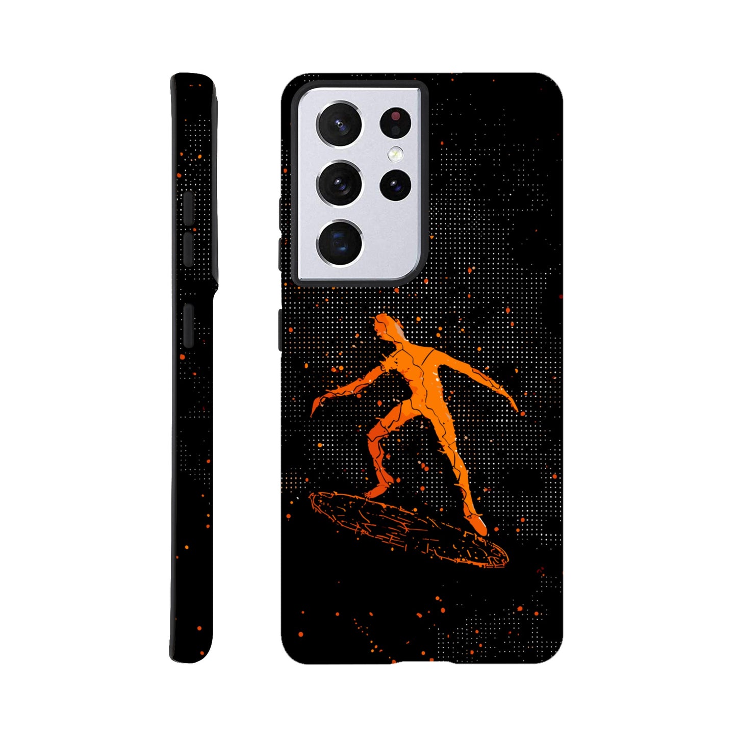 A Samsung Galaxy S21 Ultra Phone Case with the following design on it : orange glowing silhouette of a male surfer against a black background, in the style of digital art, dark orange and light amber, pointillist dot paintings, high resolution, symmetrical grid-like patterns, minimalist figures, glitched edges