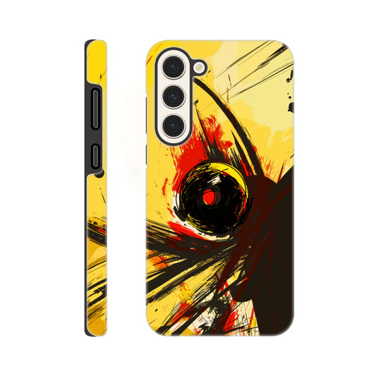 A Samsung Galaxy S23 Plus Phone Case with the following design on it : Abstract drawing of a humanoid insect hybrid figure,  red and black colors. In the style of comic brush strokes that creates a kind of frenetic energy with a light yellow background.