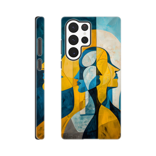 A Samsung Galaxy S22 Ultra Phone Case with the following design on it - the Gemini Astrological sign depicting twins facing away from one another, the twins are of no specific sexual or ethnic orientation, yellow, baby blue, white, cubism,