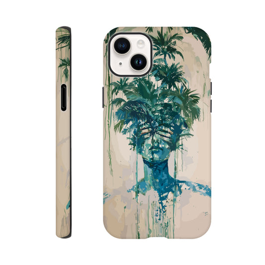 An Apple iPhone 14 Plus phone case with the following design on it -the soulless look on the face of either a female or male human form that is self possessed and obscured by a dozen palm trees, green, blue, white, surrealism meets fauvism