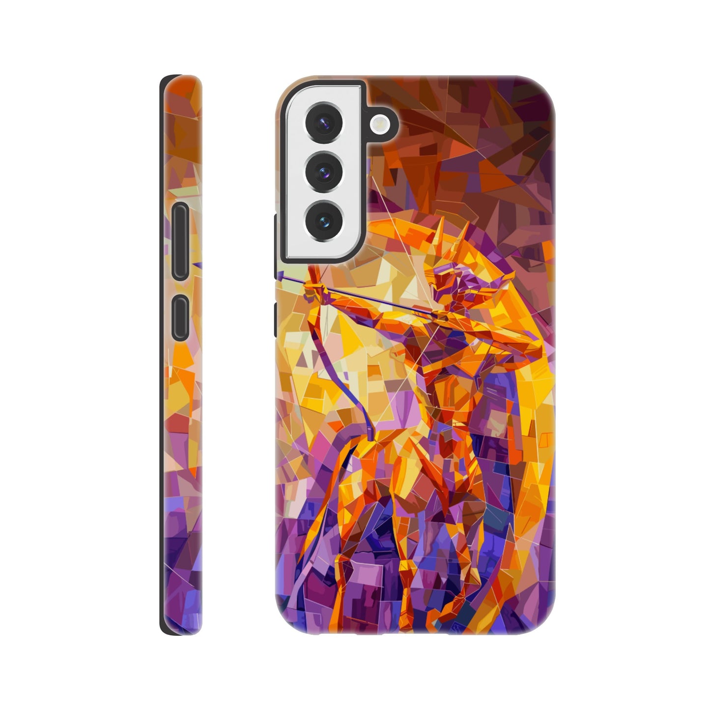 A Samsung Galaxy S22 Plus Phone Case with the following design on it: A centaur- the half man half horse archer and symbol of the astrological sign Sagittarius, the character is imagined through an artist who is adept at the artistic style of cubism, orange, purple, yellow