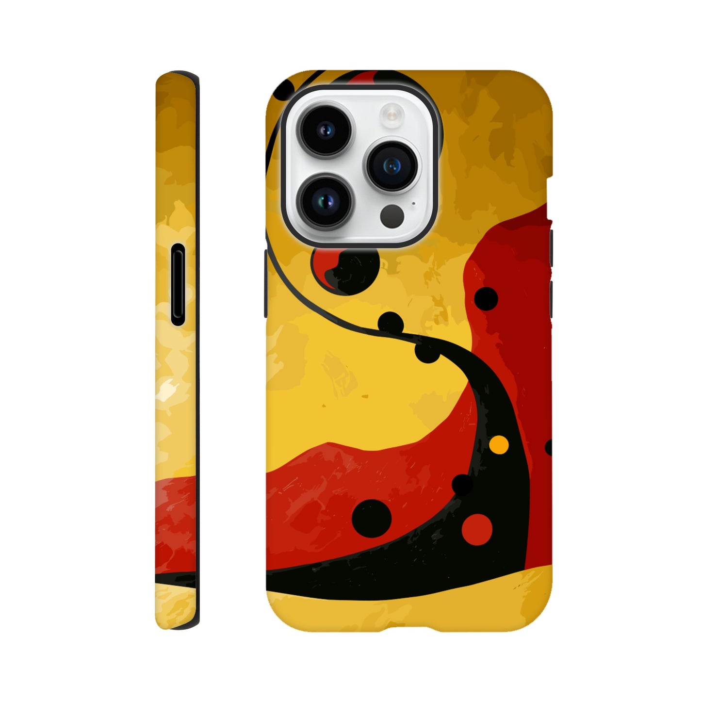 An Apple iPhone 14 Pro Phone Case with the following design on it - Abstract painting of yellow, red and black dots on the wall in an art deco style. The background is a dark gradient from light to deep yellow. In the foreground there's a swirl with three circles that resemble multiple shapes within each other, giving it depth. It has organic curves but also geometric elements.