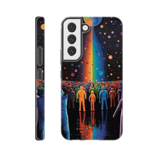 A Samsung Galaxy S22 Phone Case with the following design on it : A cartoonish image of a colorful crowd of people on the surface of an alien planet, with rainbows and stars in the background. The design incorporates different colors to create a visually appealing composition. The lighting creates a sense of depth and dimension. The overall effect conveys wonderment and excitement as if looking out into space