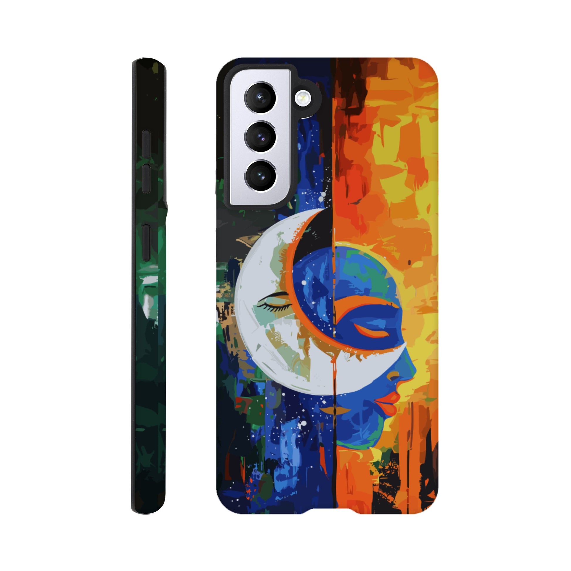 A Samsung Galaxy S21 Phone Case with the following design on it - Abstract painting of a crescent moon and sun in the sky, half is orange blue green color with black silhouette of male face, other side has bright vibrant colors, abstract, modern art style