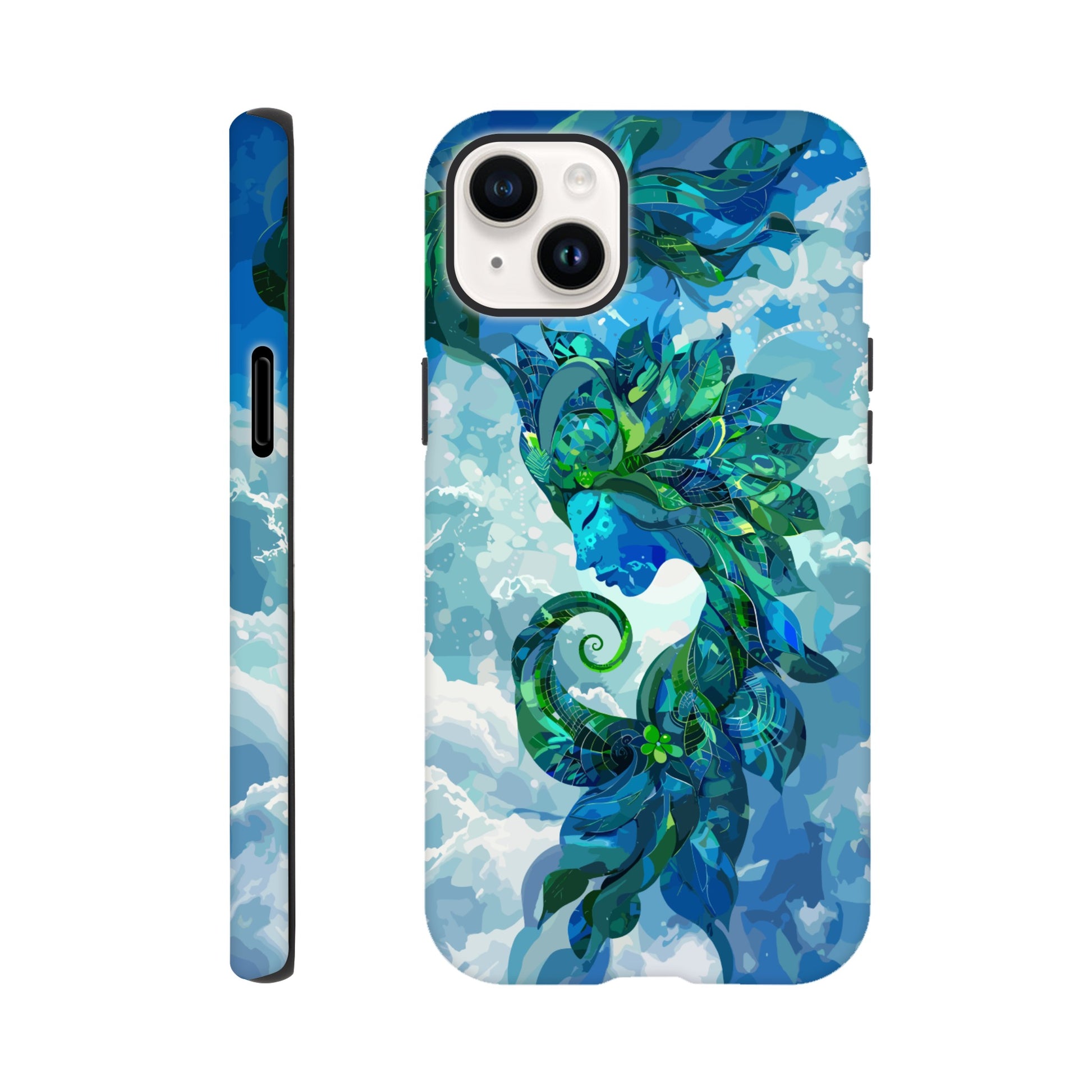 An Apple iPhone 14 Plus Phone Case with the following design on it: digital illustration of the symbol for the Zodiac symbol for Virgo, abstract Maiden, swirling in the sky with clouds and blue background, vibrant green and dark blues, digital art style, detailed shading, intricate details, fantasy elements, fantasy-inspired designs, fantasy realism