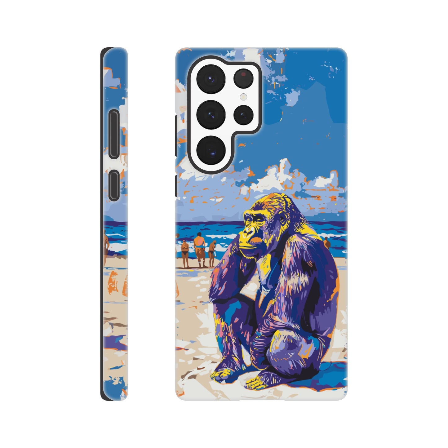 A Samsung Galaxy S22 Ultra with a design of a Gorilla at the beach thinking while a diverse group of people stroll along the beach in the background, royal blue, orange, purple, yellow, white, fauvism meets pop art