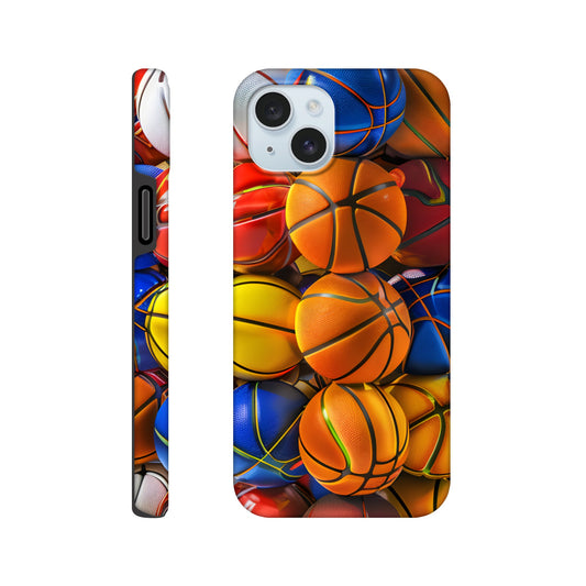 An Apple iPhone 15 Plus Phone Case adorned with an image of a lot of basketballs, of a variety of primary colors, in the form of cube