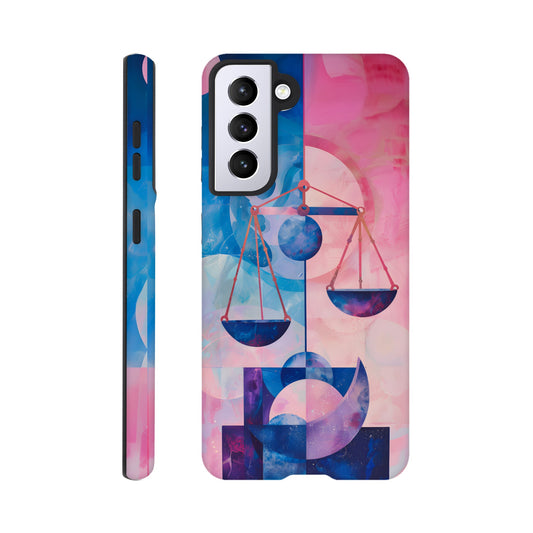 A Samsung Galaxy S21 Phone Case with the following design on it : The Zodiac symbol for Libra, scales of justice theme, planet Venus in the background, Bauhaus style, royal blue, light pink