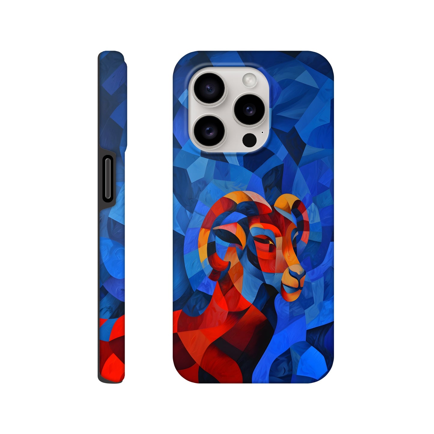 An Apple iPhone 15 Pro Phone Case with a design of an Aries astrological sign- a Ram, in the style of cubism, blue, red,