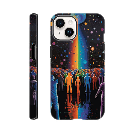 An Apple iPhone 14 Phone Case with the following design on it : A cartoonish image of a colorful crowd of people on the surface of an alien planet, with rainbows and stars in the background. The design incorporates different colors to create a visually appealing composition. The lighting creates a sense of depth and dimension. The overall effect conveys wonderment and excitement as if looking out into space