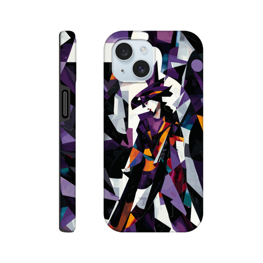 An Apple iPhone 15 Phone Case with the following design on it : geometric and abstract design of a figure with sharp angles and vibrant colors, primarily purple, black, white, and orange.