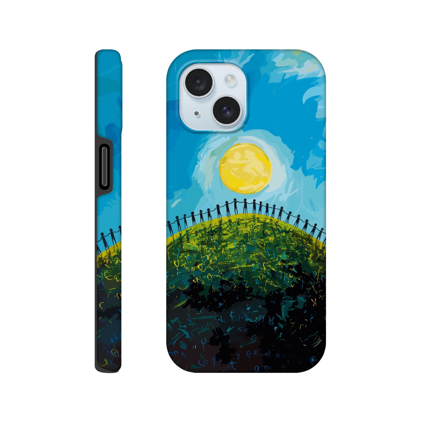 An Apple iPhone 15 Phone Case with the following design on it : a large group of dozens of non distinct human forms holding hands under a bright sun on a beautiful green hill with a beautiful blue sky above, pop art