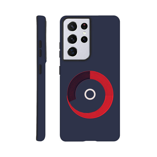 A Samsung Galaxy S21 Ultra Phone Case with the following design on it: a red circle with black curved lines in the circle that make it look like bleachers from above on a navy blue background, there is a white letter circle in the center, a sleek and modern appearance, subtle gradients for depth effect