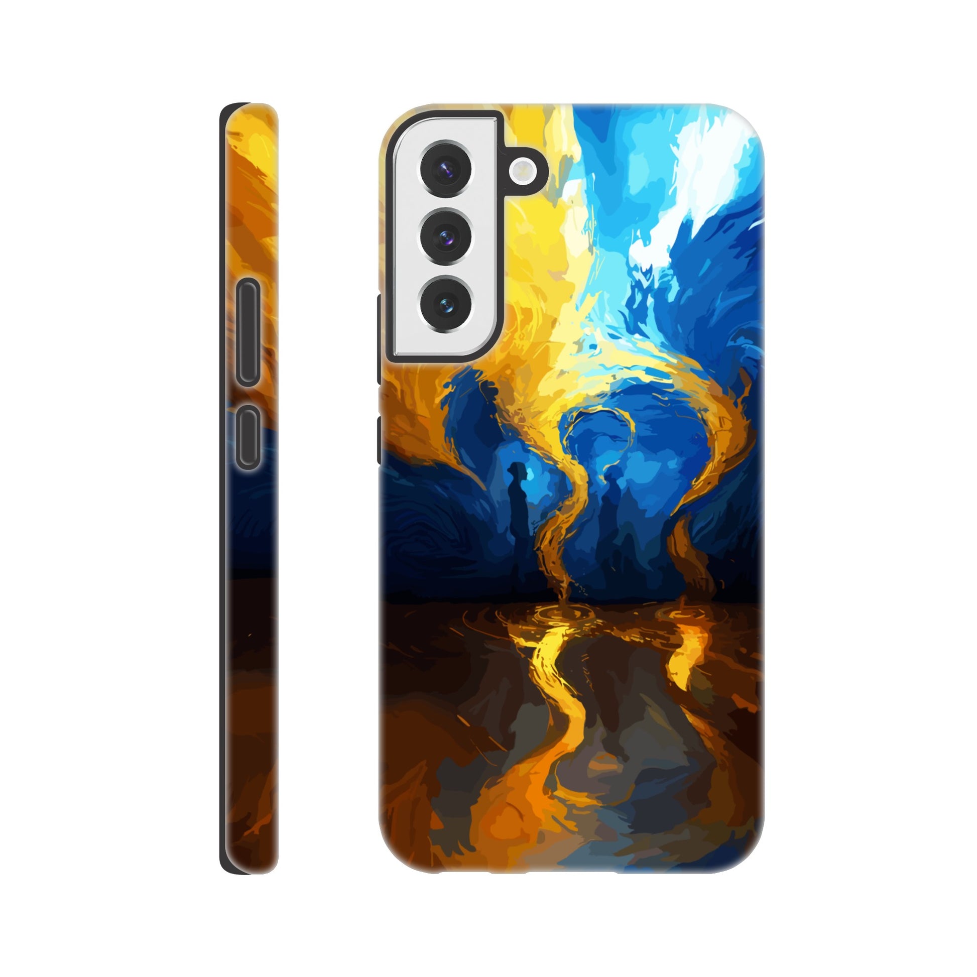 A Samsung Galaxy S22 Plus Phone Case with the following design on it -An abstract image of flowing thunder/lightning and waves. The colors of blue, orange, and yellow. There are two human forms facing each other in the middle of the image.