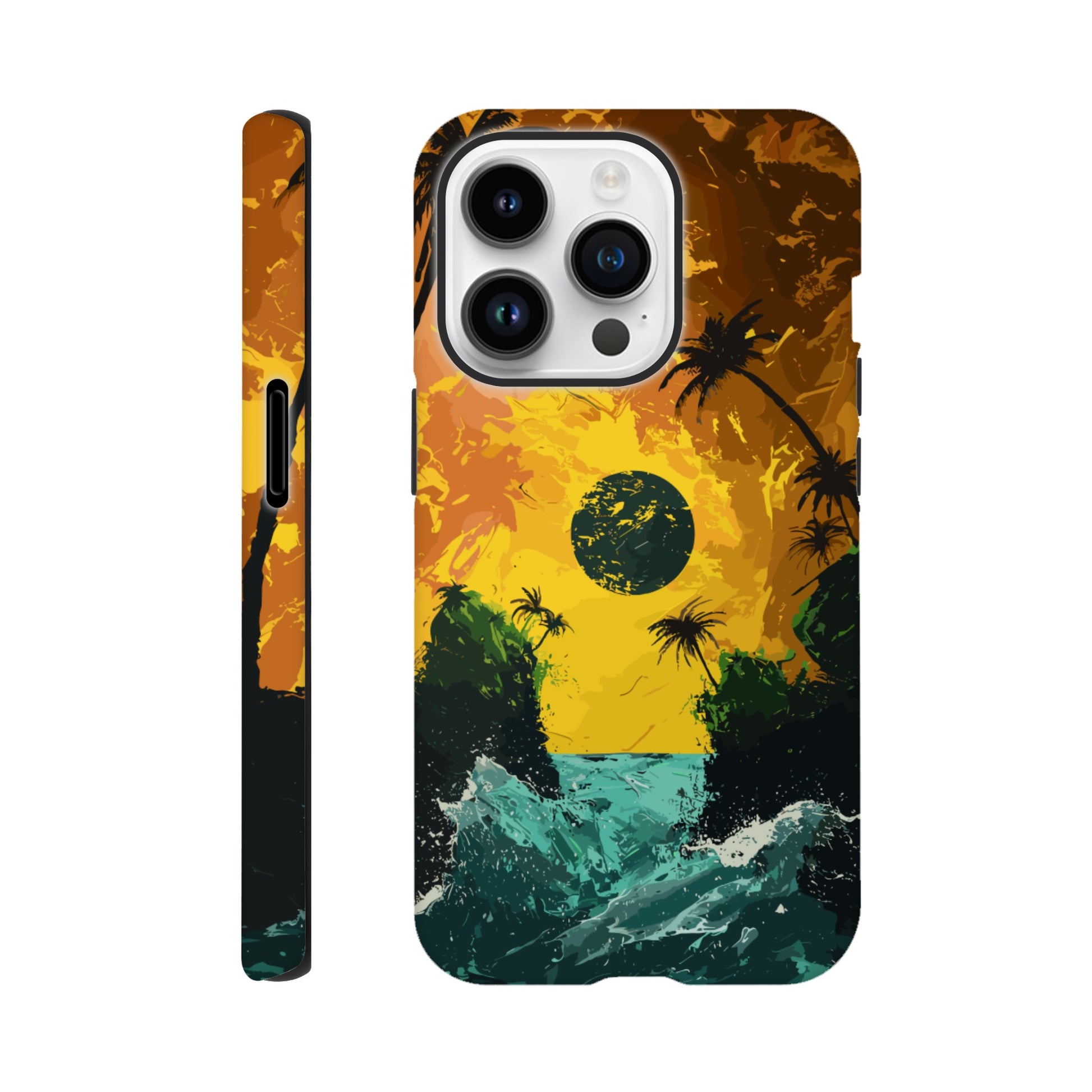 An Apple iPhone 14 Pro Phone Case with the following design on it - Two green islands separated by a violent royal green sea: yellow orangish sky: black sun, alien looking palm trees, surrealism