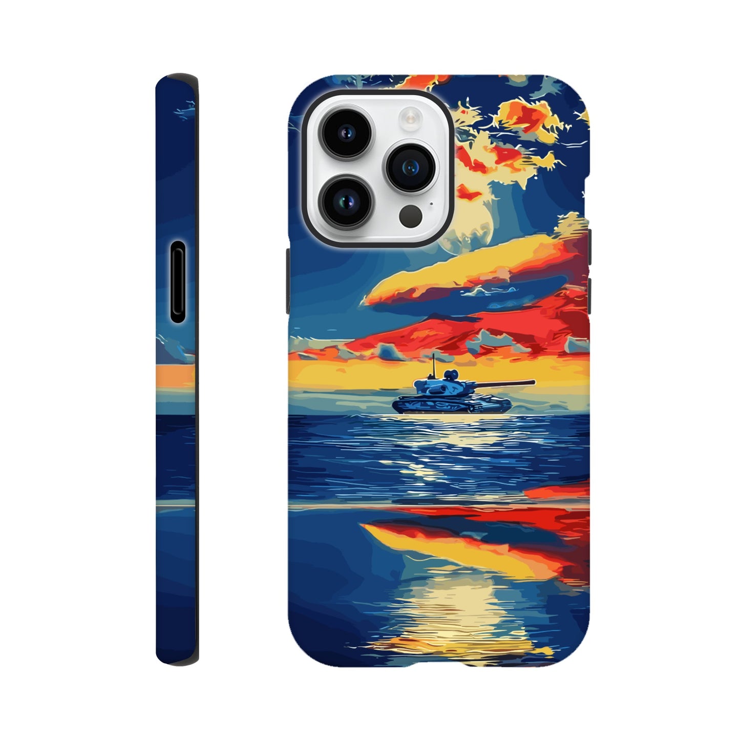 An Apple iPhone 14 Pro Max Phone Case with the following design on it : A tank is sailing on the sea, with colorful clouds in the sky and a sunset reflection on the water surface, the style of an oil painting. The main colors of red, blue, yellow and orange are presented in a flat illustration