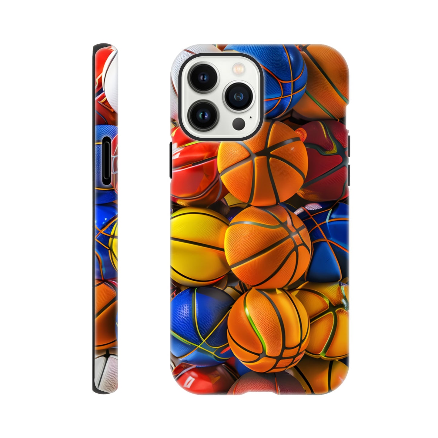 An Apple iPhone 13 Pro Max Phone Case adorned with an image of a lot of basketballs, of a variety of primary colors, in the form of cube