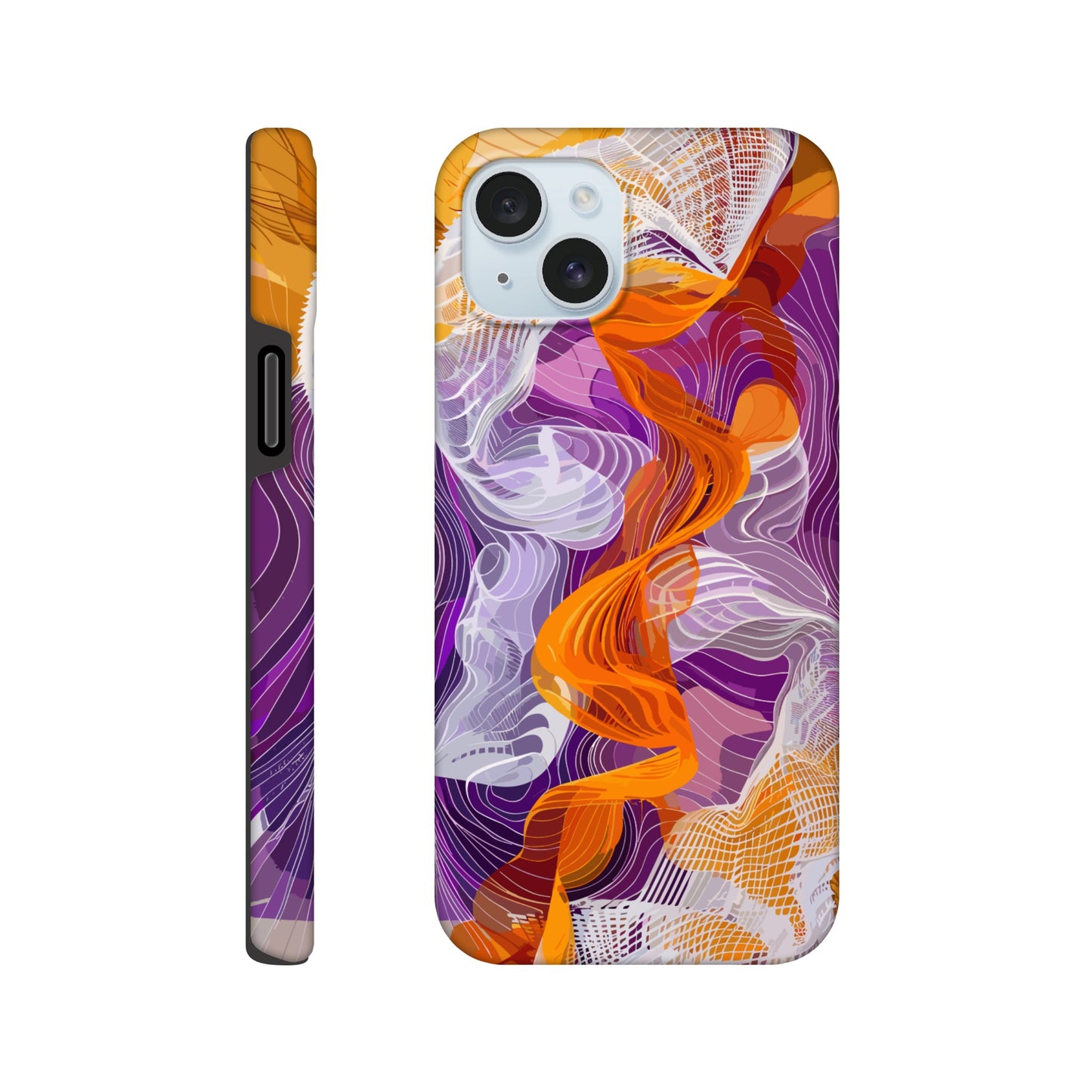 An Apple iPhone 15 Plus Phone Case with the following design on it - A modern digital art piece of an abstract representation of waves and swirls, with orange and purple hues, composed from flowing lines in a white mesh pattern, creating the illusion that they flow like ribbons or threads. The background is a gradient of these colors, adding depth to the composition. This artwork symbolizes movement, fluidity, and dynamic energy through its intricate design.