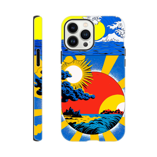 An Apple iPhone 13 Pro Max Phone Case with the following design on it: sun and clouds, blue sky with yellow rays of light, sun setting in the background, in the style of a Japanese illustration, blue sea wave on top left corner, red circle below centered, blue storm clouds inside red dot, colorful poster print style