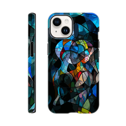 An Apple iPhone 14 Phone Case with the following design: stained glass window of two people hugging, in the style of cubism, abstract shapes and lines, vibrant colors, dark background, hyper realistic 