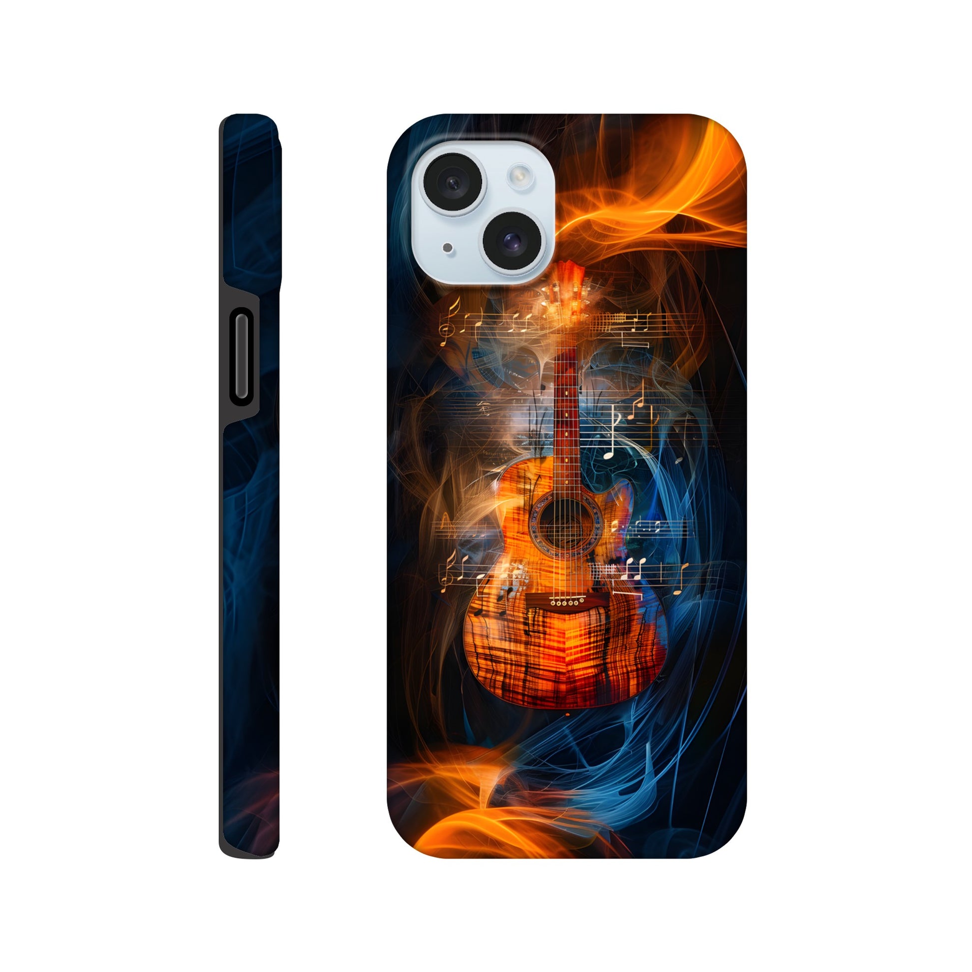 An Apple iPhone 15 Plus Phone Case with the following design on it: A Koa Guitar with musical notes swirling around it, blue and red smoke swirling around both the Guitar and notes, in the style of a digital art, dark blue background, orange glow on guitar, symmetrical composition, high resolution, hyper realistic, high contrast, vibrant colors, detailed textures of wood and strings