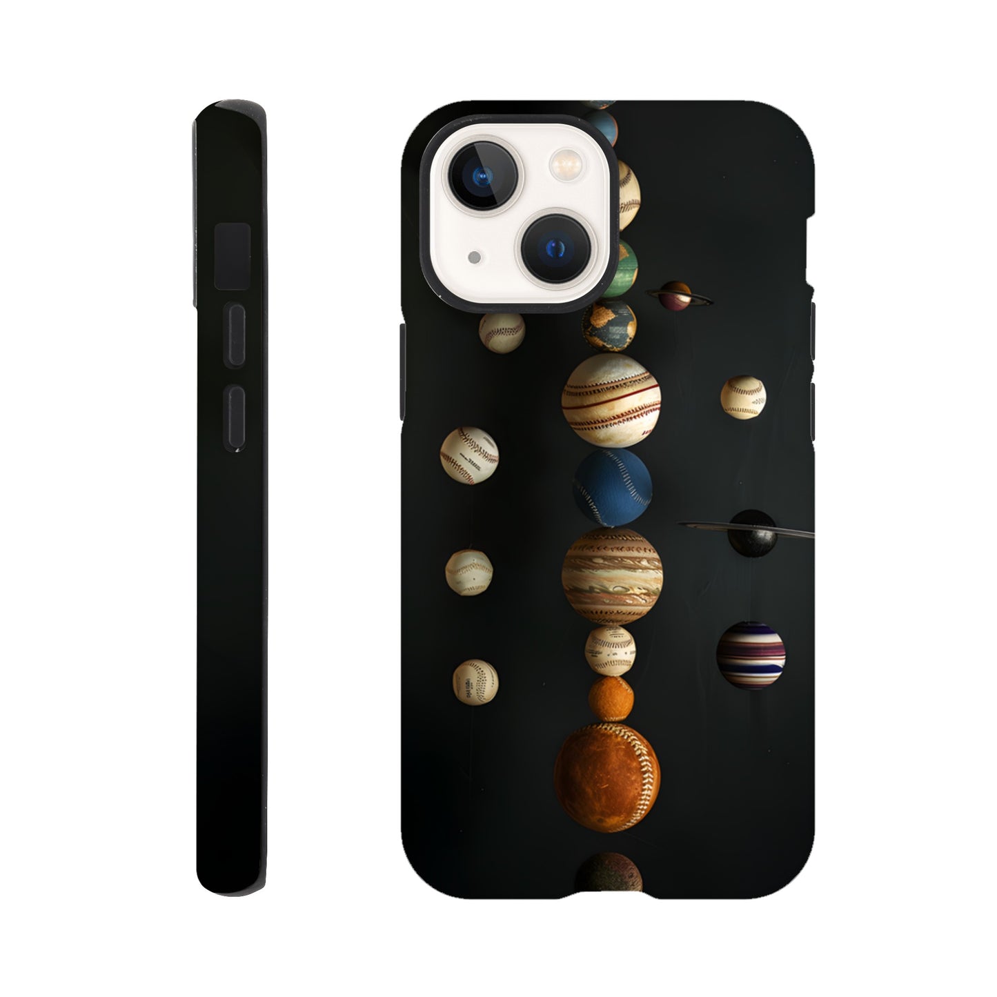 An Apple iPhone 13 Mini phone case with a design depicting our solar system with baseballs in place of planets