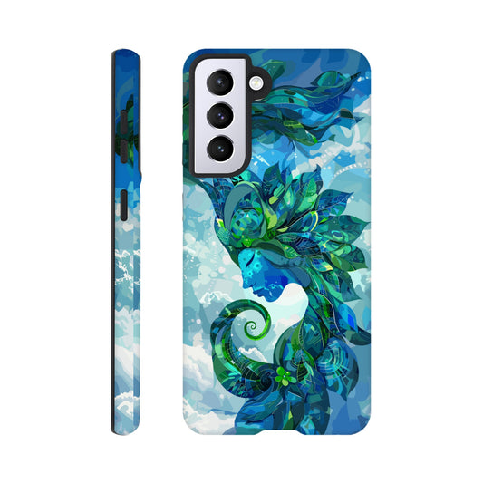 A Samsung Galaxy S21 Phone Case with the following design on it: digital illustration of the symbol for the Zodiac symbol for Virgo, abstract Maiden, swirling in the sky with clouds and blue background, vibrant green and dark blues, digital art style, detailed shading, intricate details, fantasy elements, fantasy-inspired designs, fantasy realism