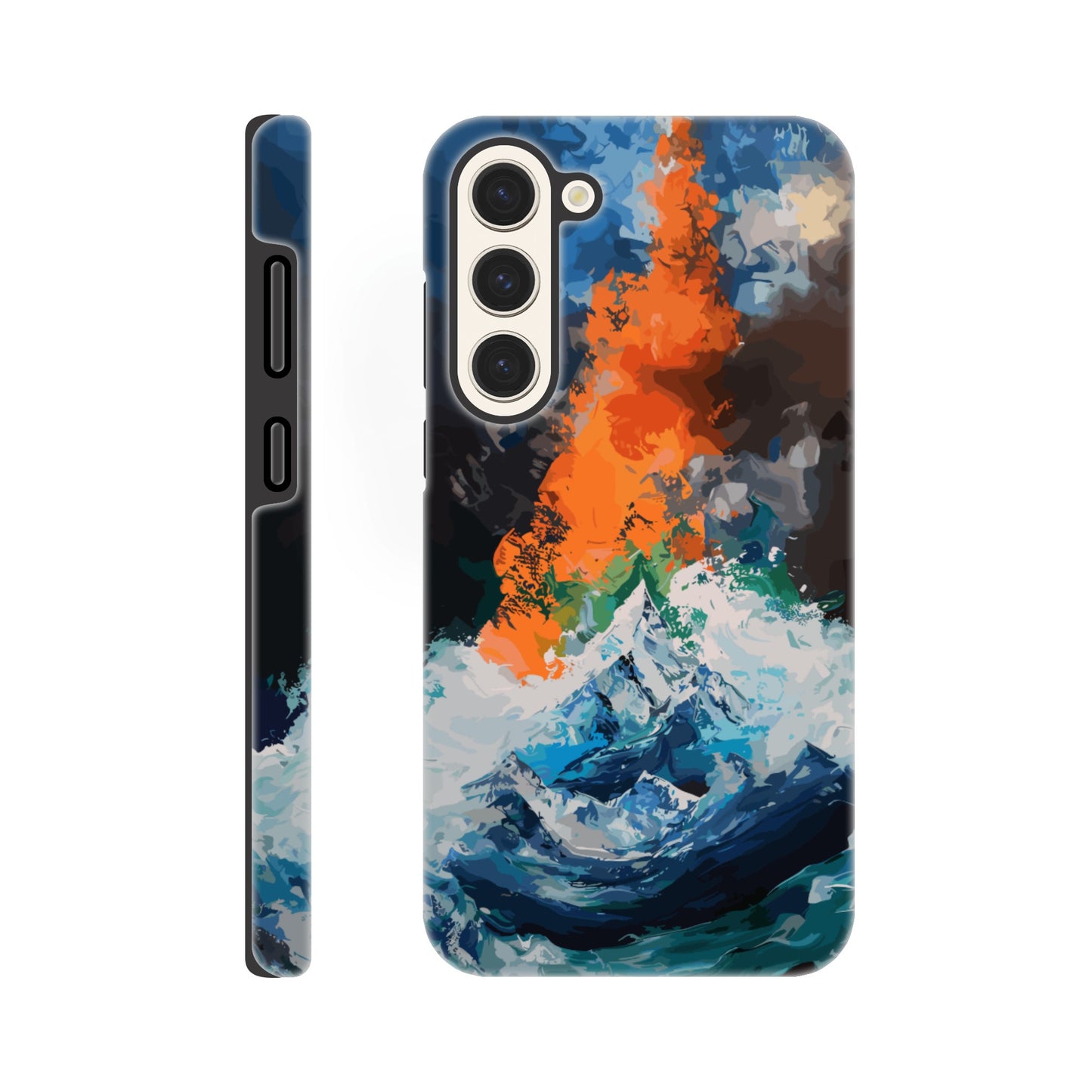 A Samsung Galaxy S23 Plus Phone Case with the following design on it - the Mariana Trench engulfing Mount Everest, cartoonish surrealism, blue, white, green, orange, black