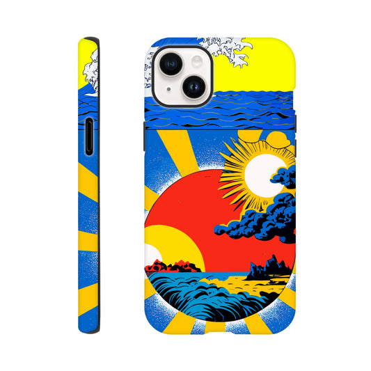 An Apple iPhone 14 Plus Phone Case with the following design on it: sun and clouds, blue sky with yellow rays of light, sun setting in the background, in the style of a Japanese illustration, blue sea wave on top left corner, red circle below centered, blue storm clouds inside red dot, colorful poster print style