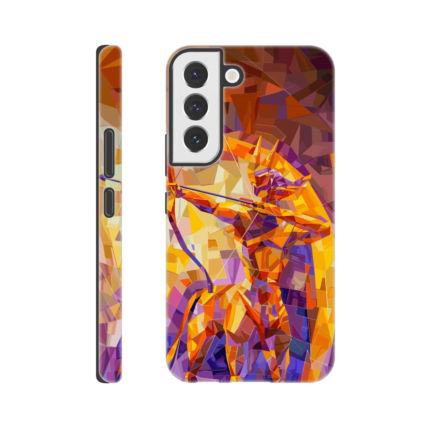 A Samsung Galaxy S22 Phone Case with the following design on it: A centaur- the half man half horse archer and symbol of the astrological sign Sagittarius, the character is imagined through an artist who is adept at the artistic style of cubism, orange, purple, yellow