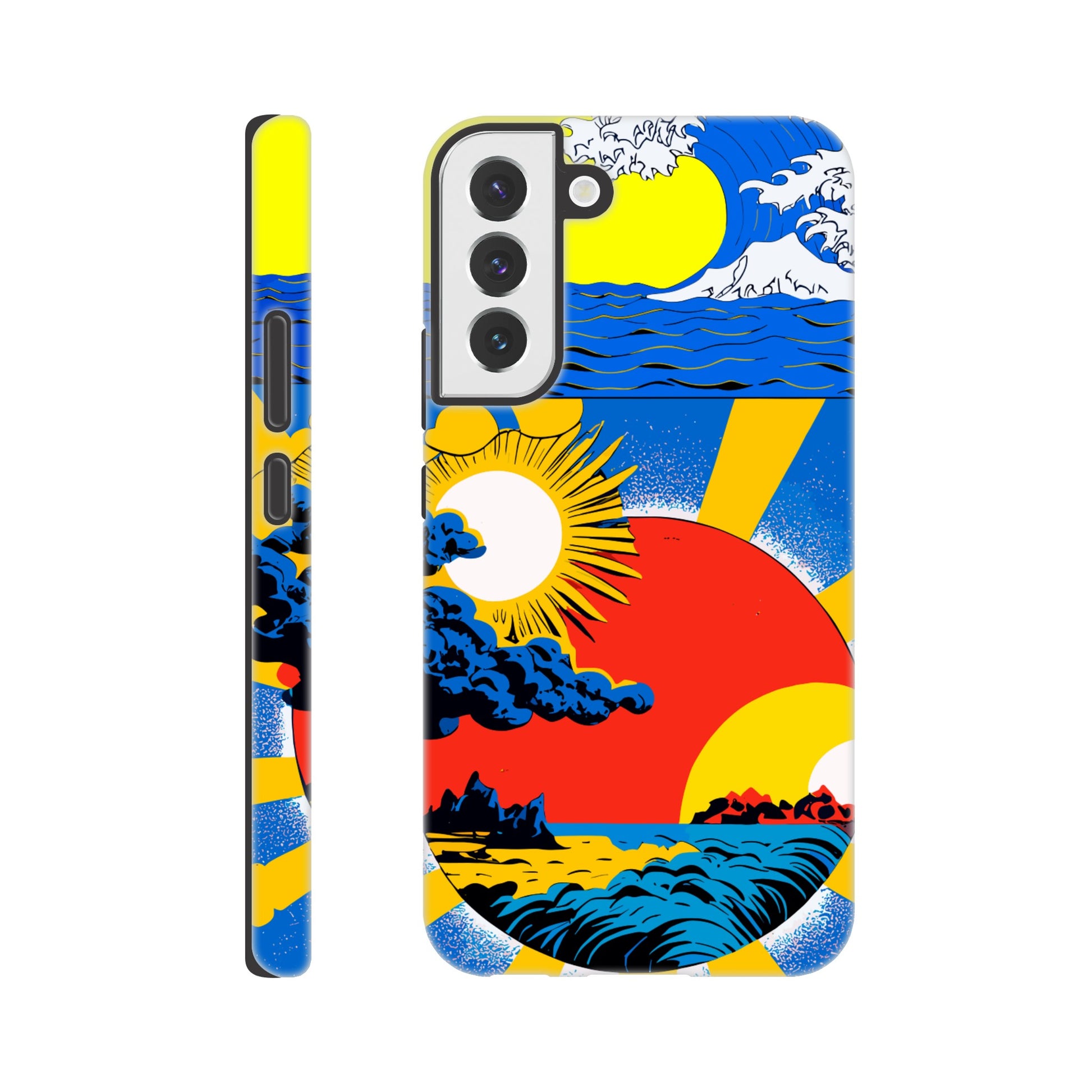 A Samsung Galaxy S22 Plus Phone Case with the following design on it: sun and clouds, blue sky with yellow rays of light, sun setting in the background, in the style of a Japanese illustration, blue sea wave on top left corner, red circle below centered, blue storm clouds inside red dot, colorful poster print style