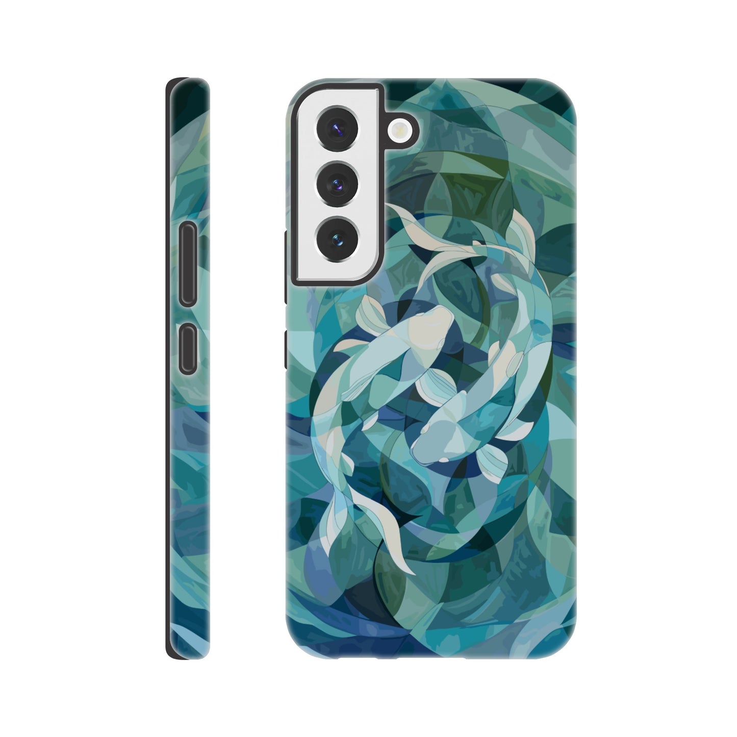 A Samsung Galaxy S22 Phone Case with the following design on it : A representation of the Pisces zodiac sign depicted as follows - A geometric abstract painting of fish swimming in circles, using shades and shapes to create the illusion that they form an endless circle. The color palette is soft with pastel blues and greens, giving it a calming effect. This artwork symbolizes motion, energy flow, chaos theory, infinite reflection, balance between movement and stillness