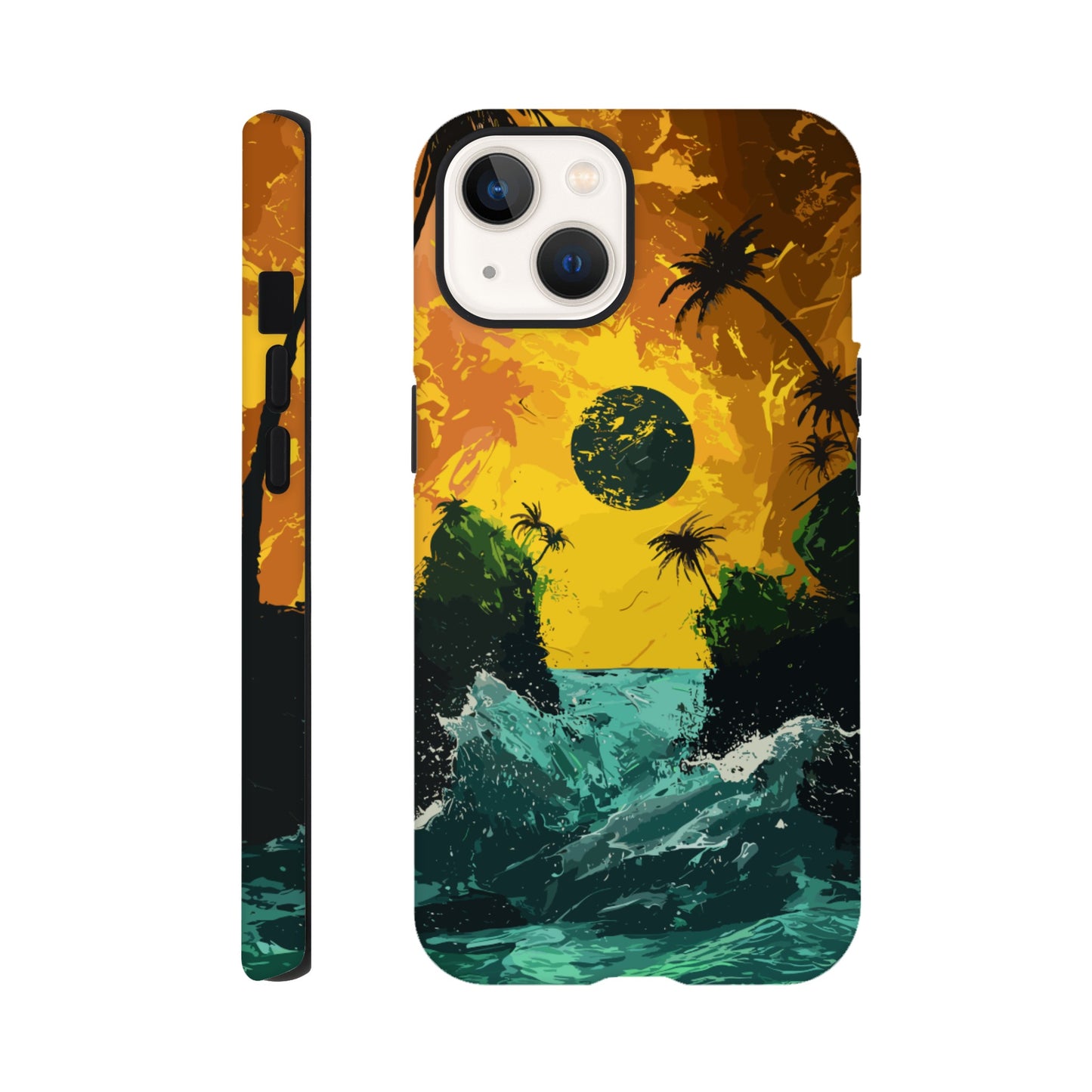 An Apple iPhone 13 Phone Case with the following design on it - Two green islands separated by a violent royal green sea: yellow orangish sky: black sun, alien looking palm trees, surrealism