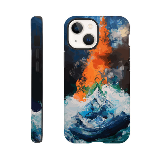 An Apple iPhone 13 Mini Phone Case with the following design on it - the Mariana Trench engulfing Mount Everest, cartoonish surrealism, blue, white, green, orange, black