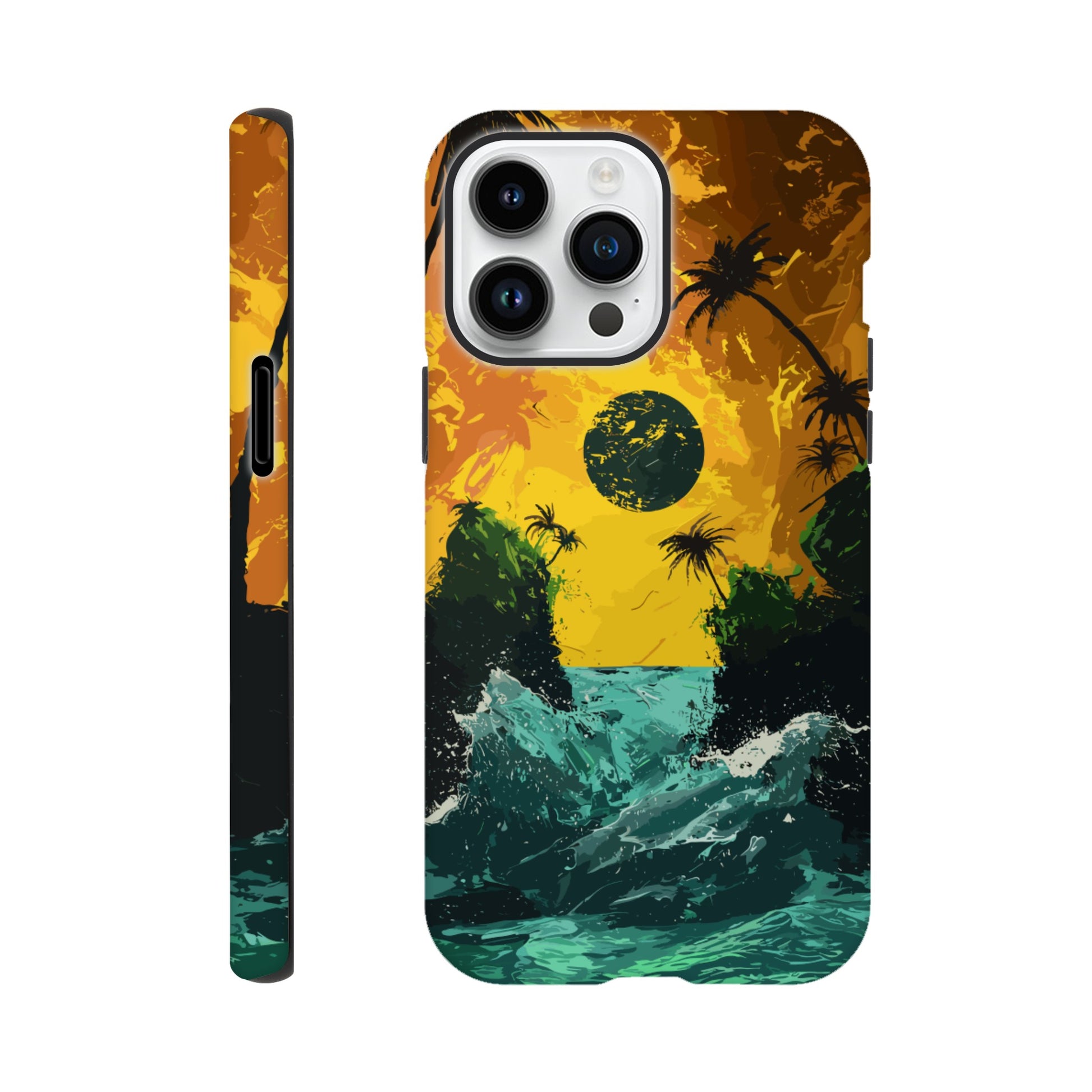 An Apple iPhone 14 Pro Max Phone Case with the following design on it - Two green islands separated by a violent royal green sea: yellow orangish sky: black sun, alien looking palm trees, surrealism