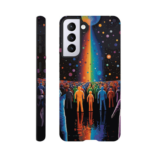 A Samsung Galaxy S21 Phone Case with the following design on it : A cartoonish image of a colorful crowd of people on the surface of an alien planet, with rainbows and stars in the background. The design incorporates different colors to create a visually appealing composition. The lighting creates a sense of depth and dimension. The overall effect conveys wonderment and excitement as if looking out into space