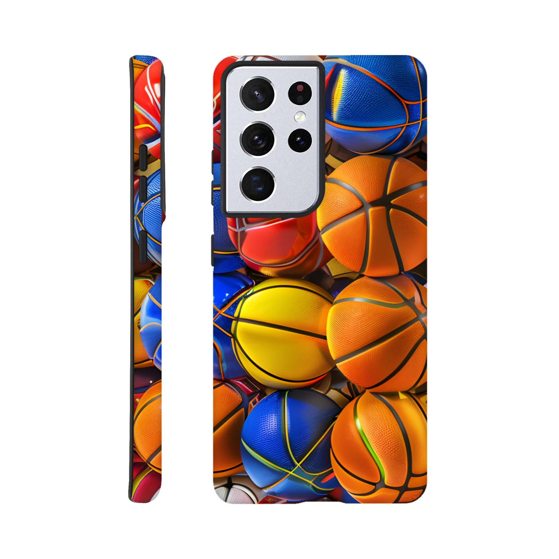 A Samsung Galaxy S21 Ultra Phone Case adorned with an image of a lot of basketballs, of a variety of primary colors, in the form of cube