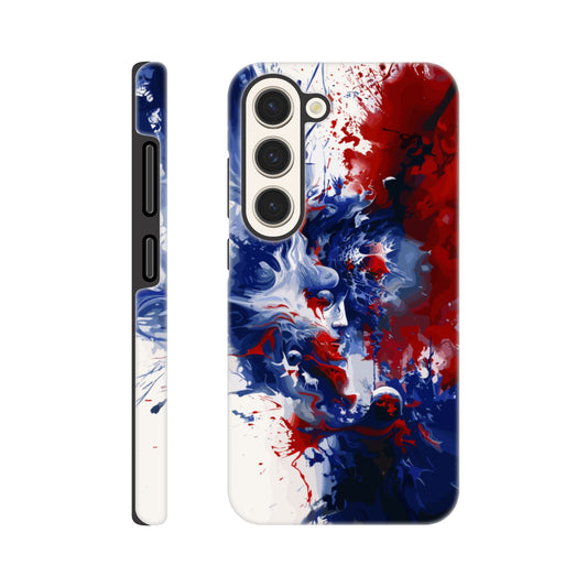 A Samsung Galaxy S23 Phone Case with the following design on it: Abstract Blue and Red Painting, white background, ink painting, splash art in the style of ink painting, human profile in the middle which seems to be depicting someone in deep thought 