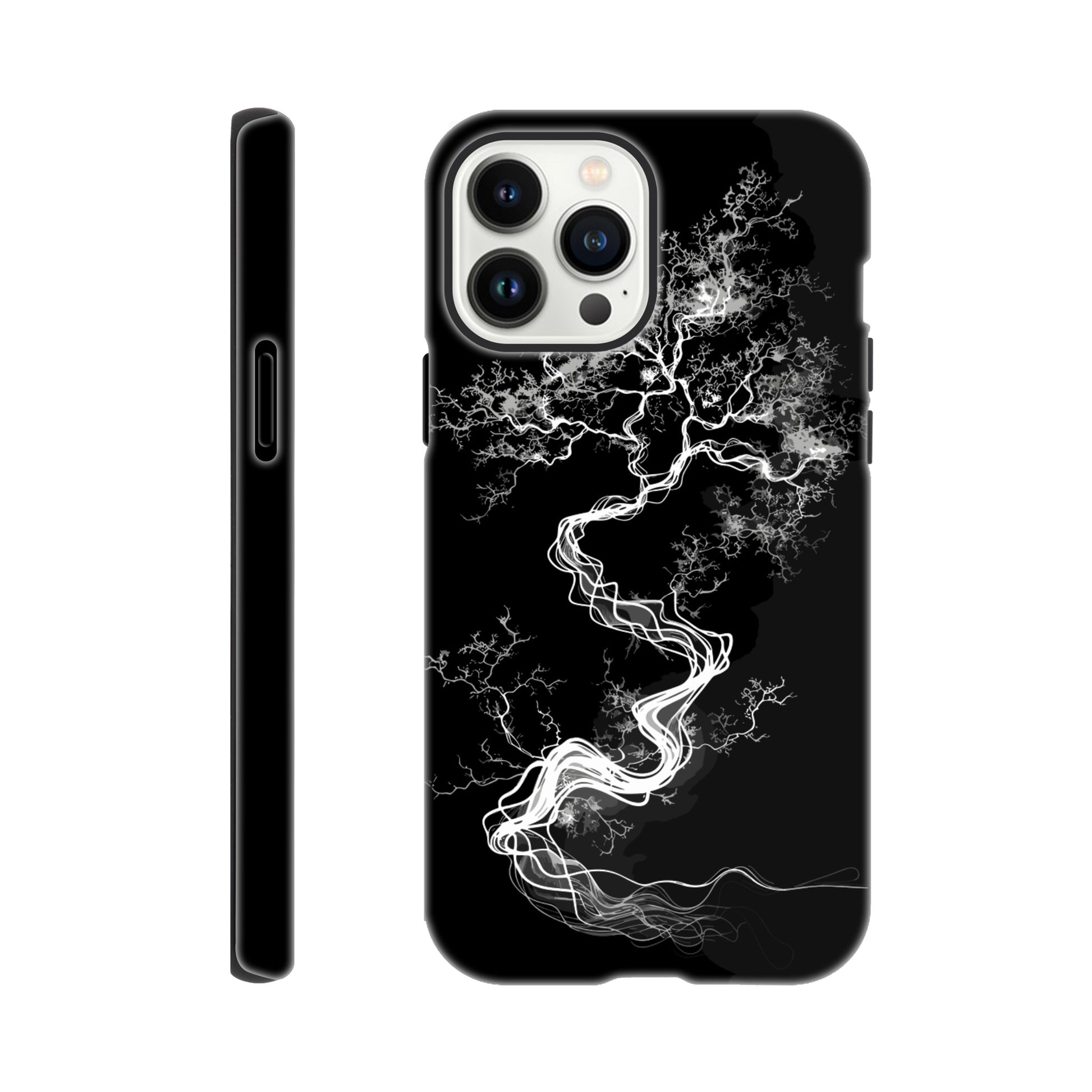 An Apple iPhone 13 Pro Max Phone Case with the following design on it - a sketch of a white fractal tree against a black background