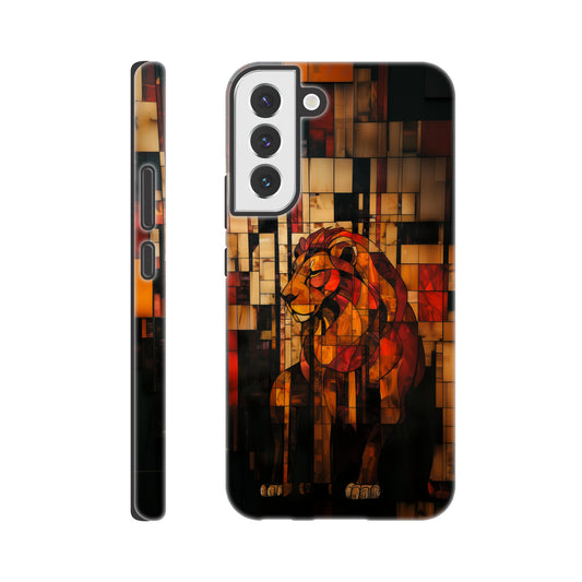 A Samsung Galaxy S22 Plus Phone Case with the following design on it - The Zodiac symbol for Leo - a Lion made of geometric shapes, composed of red and brown blocks. The background is dark with a blurred effect. In the style of stained glass